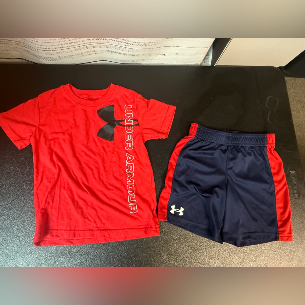 Boys Under Armour Red Tee with Navy Athletic Shorts
